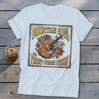 White t-shirt with "Mountain Soul and Front Porch Pickin'" graphic featuring a guitar and flowers.