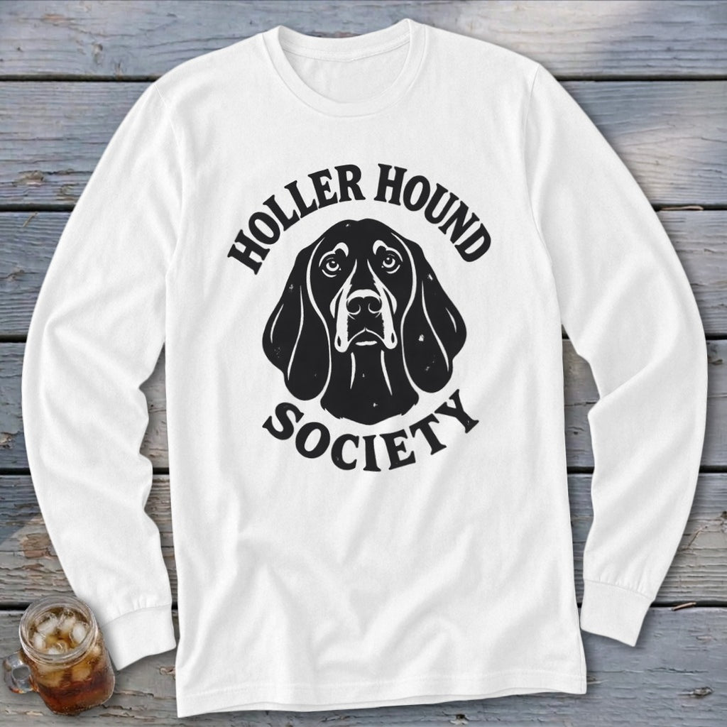 White long-sleeve shirt with black "Holler Hound Society" text and dog graphic.