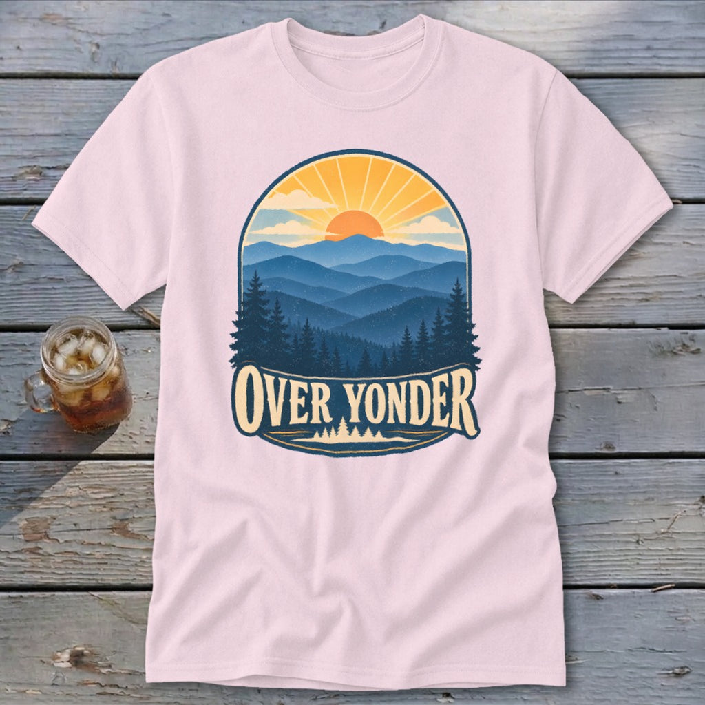 Light pink t-shirt featuring a retro mountain landscape graphic with the text Over Yonder.