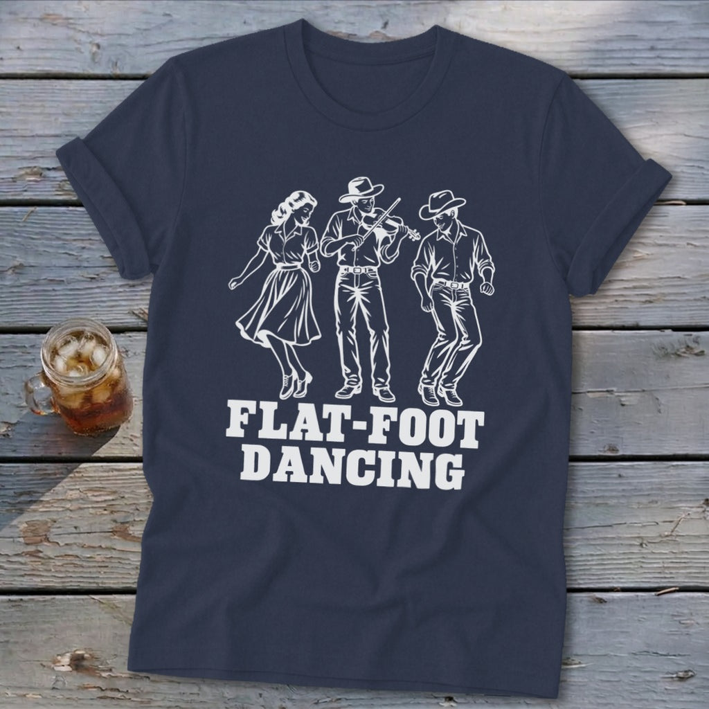 Navy t-shirt with white graphic of three people flat-foot dancing and the text "FLAT-FOOT DANCING."