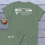 Green t-shirt with Vandalia Wealth logo featuring a bridge and mountains.