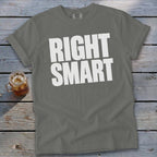 Grey t-shirt with white text reading "RIGHT SMART" and a glass of iced tea.