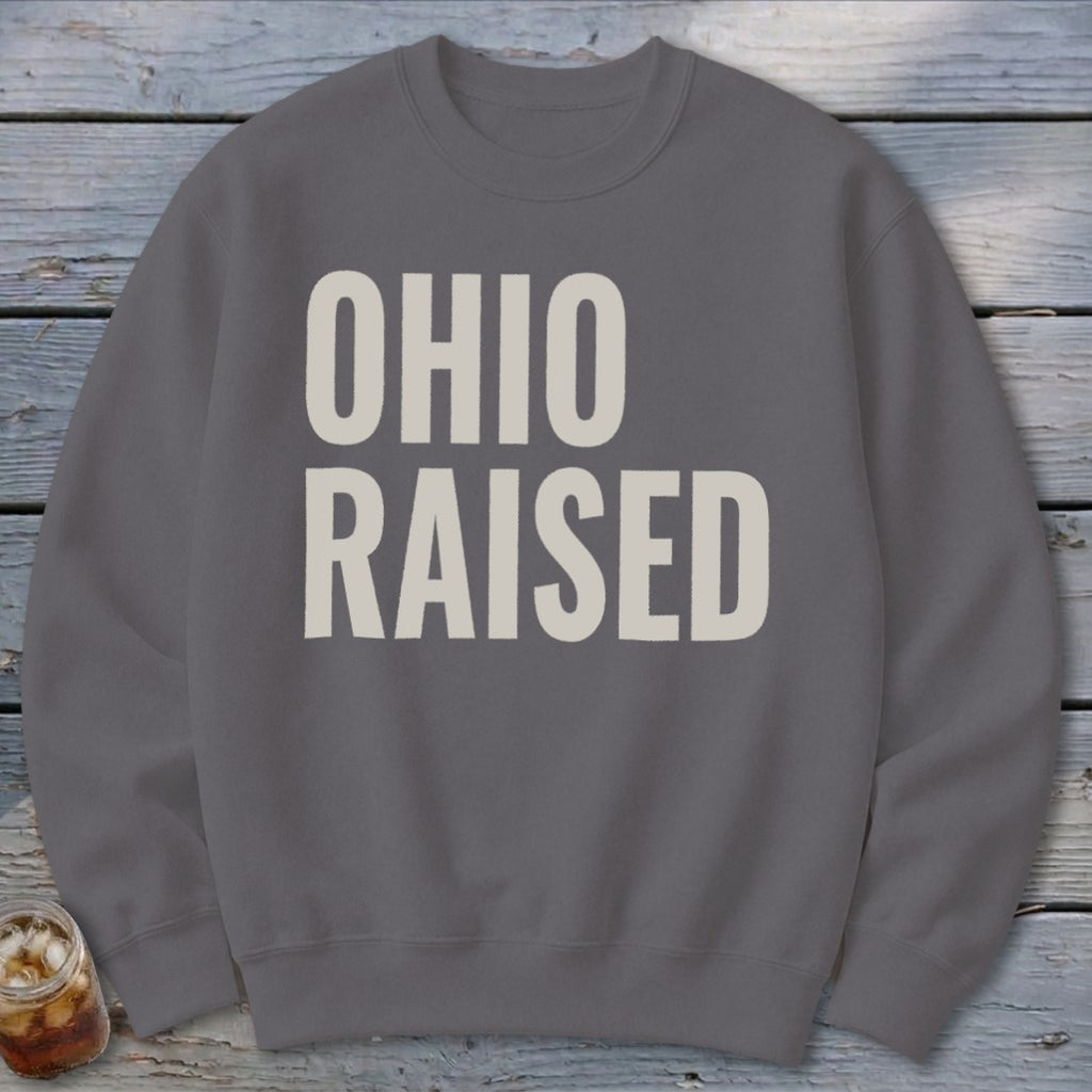 Grey crewneck sweatshirt with "OHIO RAISED" printed in light beige text.