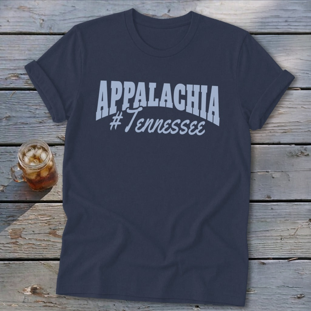 Navy t-shirt with "APPALACHIA #Tennessee" text in light blue.