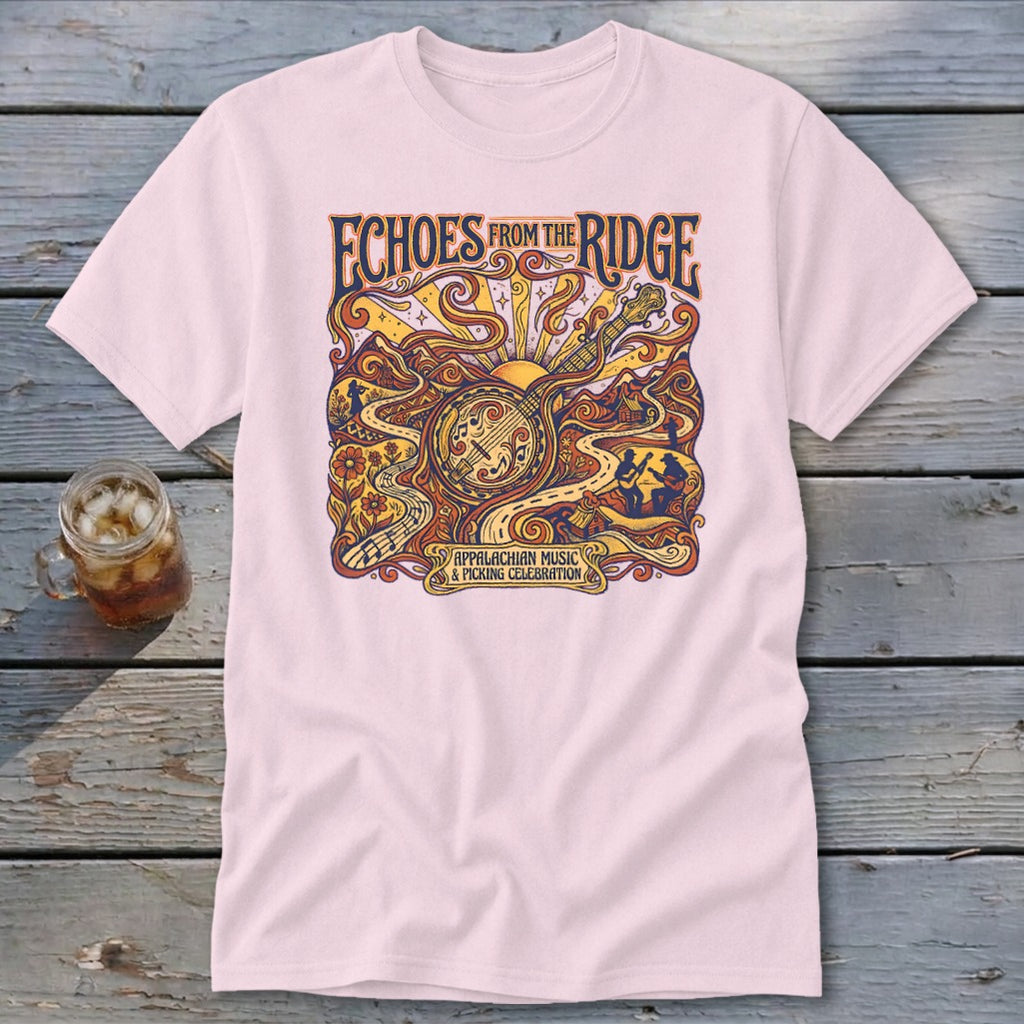 Pink t-shirt with "Echoes From the Ridge" and banjo artwork.