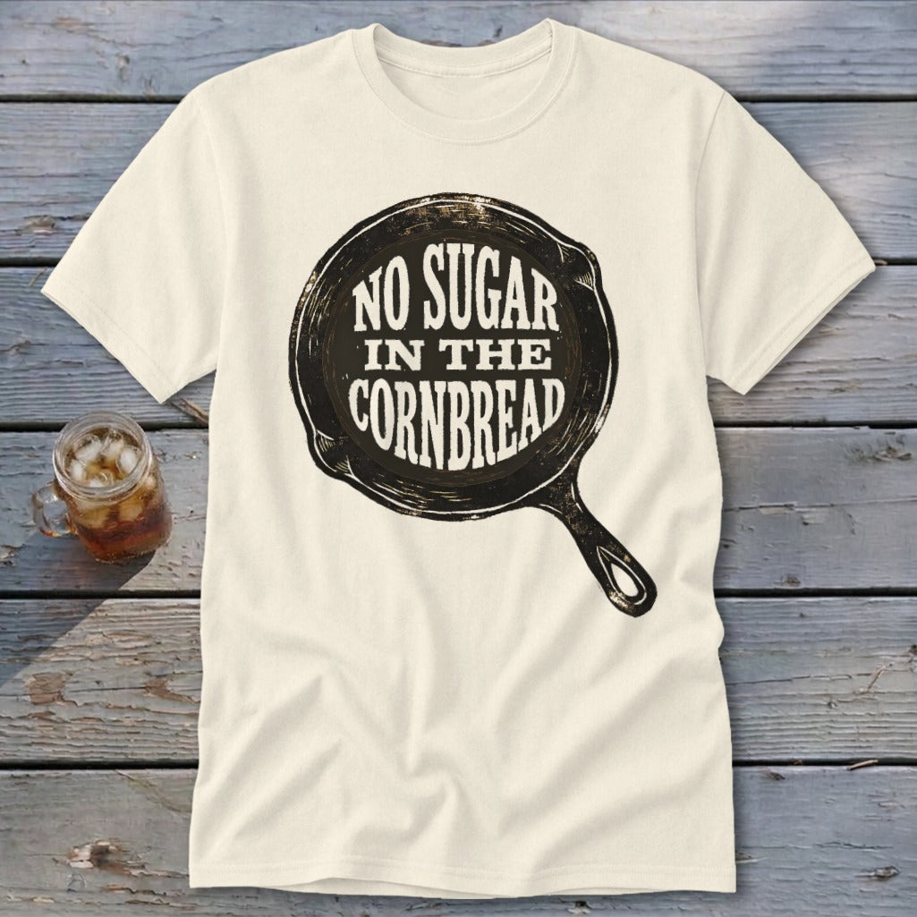 Cream t-shirt with cast iron skillet graphic saying "No Sugar in the Cornbread".