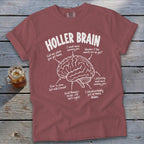 Maroon t-shirt with "HOLLER BRAIN" and a diagram of a brain with humorous captions.
