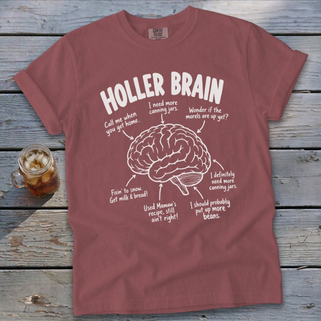 Maroon t-shirt with "HOLLER BRAIN" and a diagram of a brain with humorous captions.