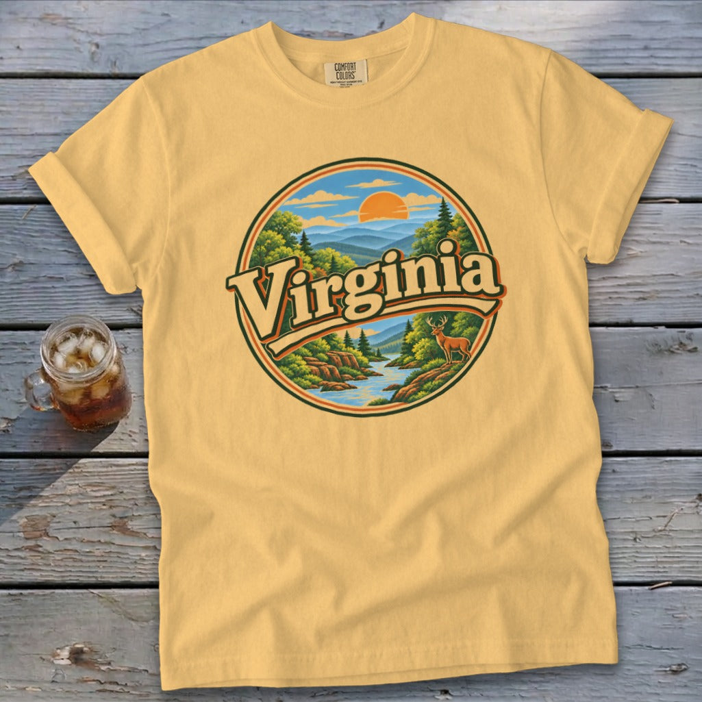 Yellow t-shirt with circular graphic of a deer, river, and mountains with "Virginia" text.