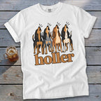 White t-shirt with four hounds howling above the text "holler".
