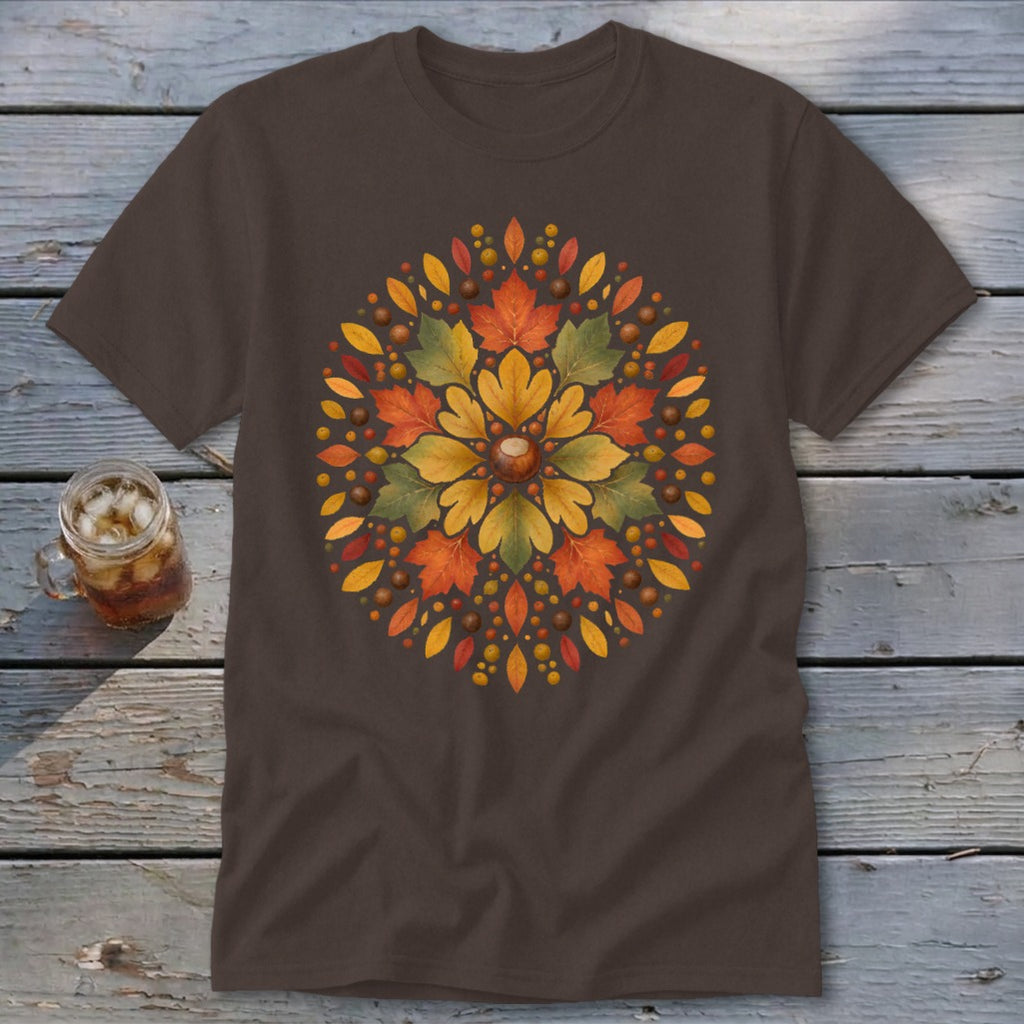 Brown t-shirt with a circular autumn leaf and acorn design centered on the chest.