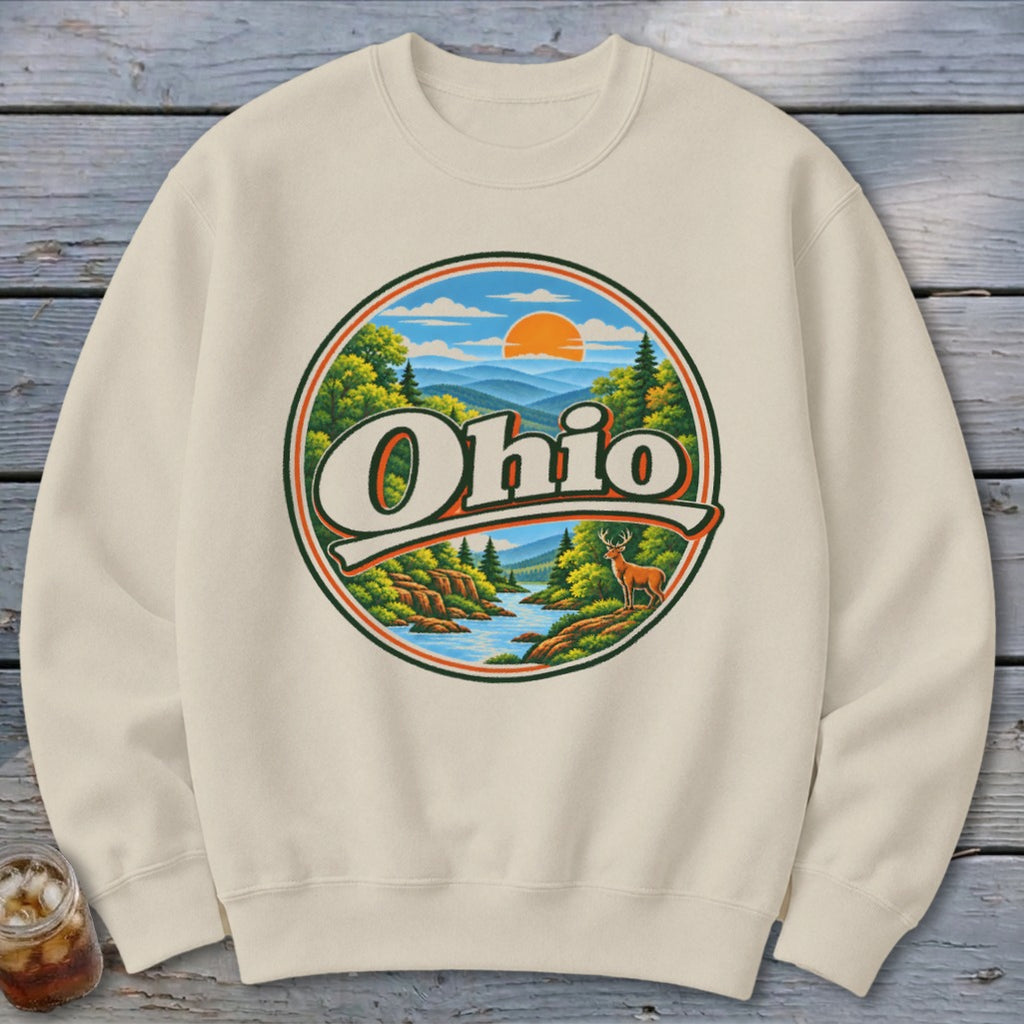 Cream sweatshirt featuring a circular graphic of Ohio with a landscape and a deer.