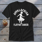 Black t-shirt featuring a white graphic of a dancer with Appalachian Flatfoot Dancer text.