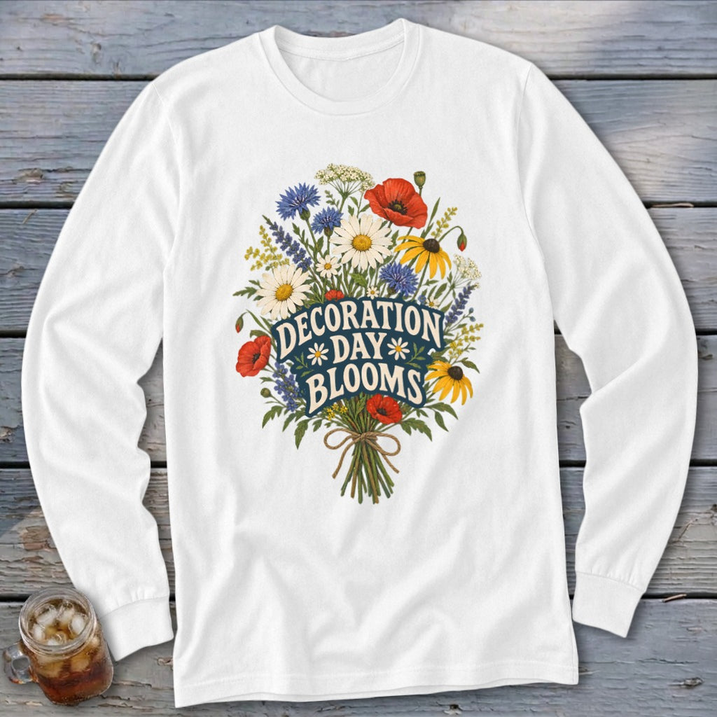 White long-sleeve shirt with a floral bouquet and "Decoration Day Blooms" text.