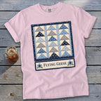 Pink t-shirt with "Flying Geese" quilt pattern graphic and Comfort Colors label.
