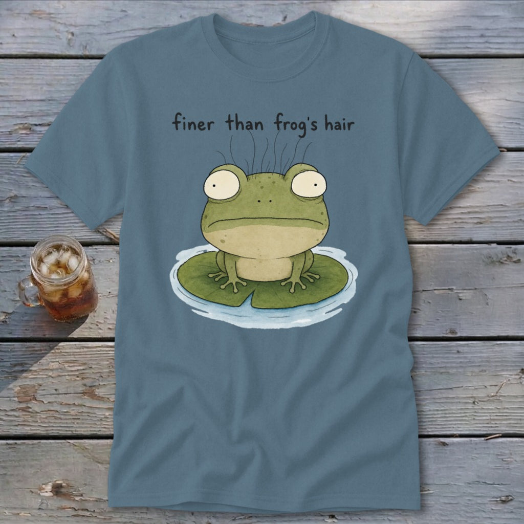 Slate blue t-shirt featuring a cartoon frog on a lily pad with the text finer than frog's hair.