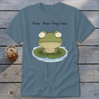 Slate blue t-shirt featuring a cartoon frog on a lily pad with the text finer than frog's hair.