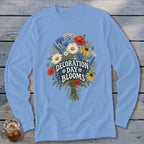 Light blue long-sleeve shirt with a floral bouquet graphic that reads "Decoration Day Blooms".