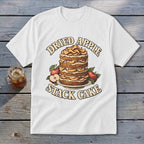 White t-shirt with dried apple stack cake graphic and text.