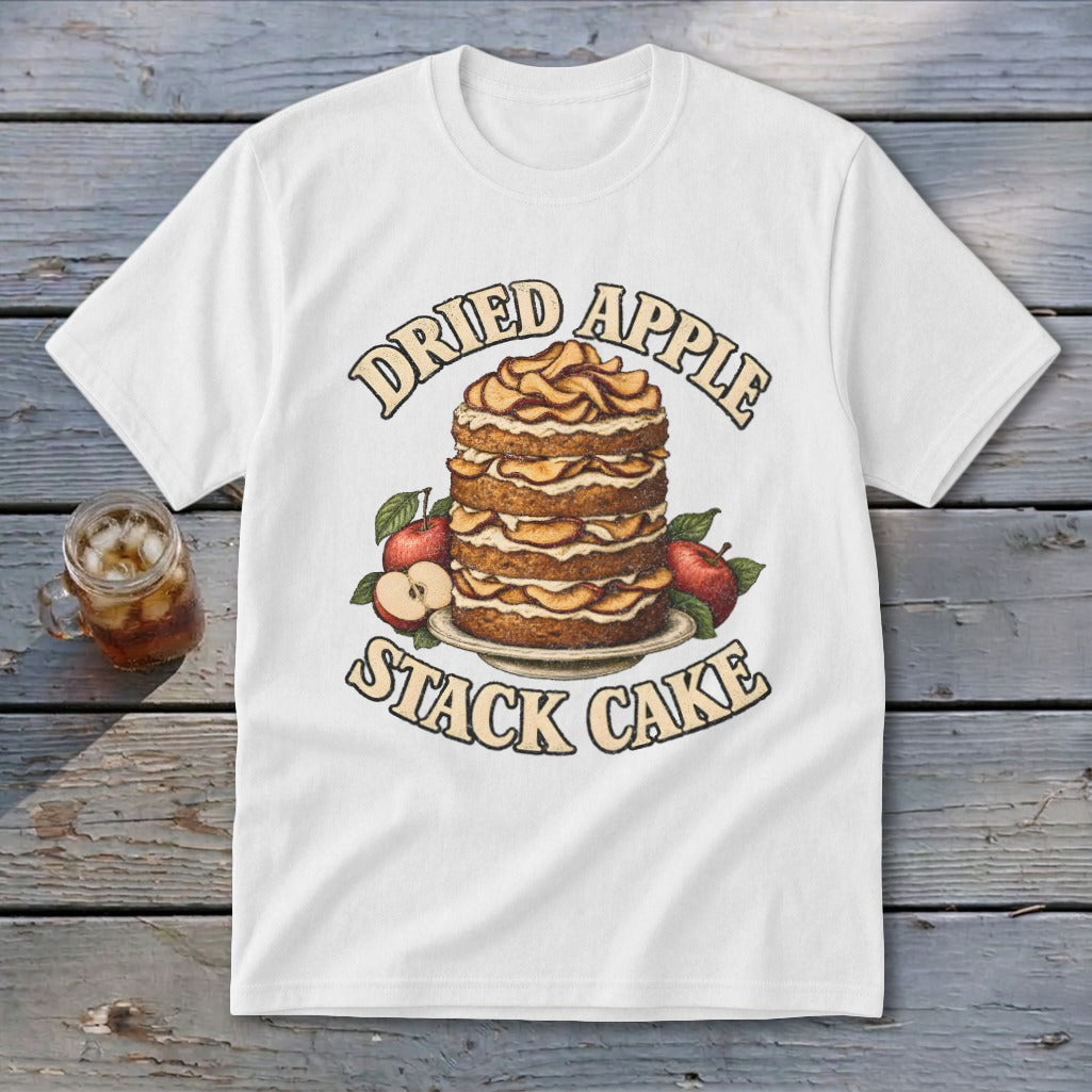 White t-shirt with dried apple stack cake graphic and text.