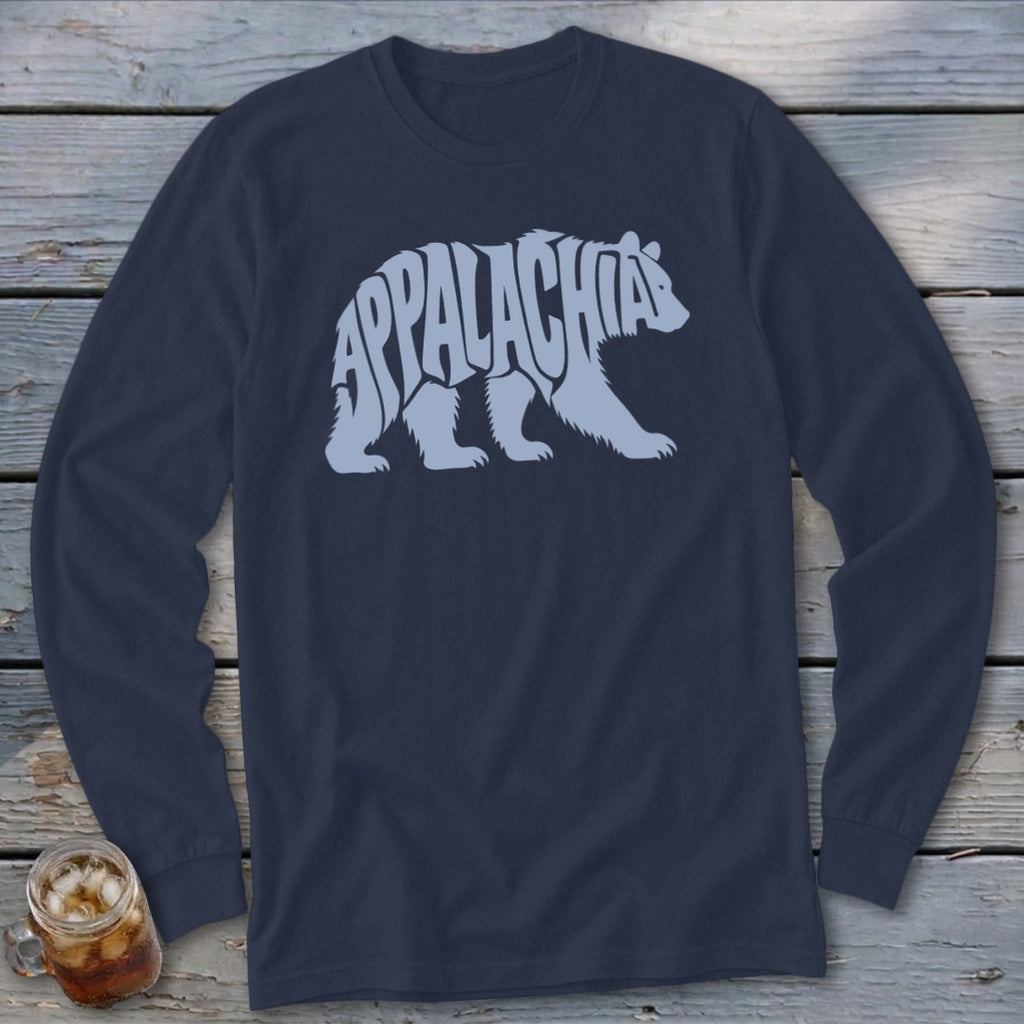 Dark blue long-sleeve t-shirt with a grey bear graphic containing the word Appalachia.