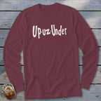 Maroon long sleeve shirt with white "Up-uz-Under" text.