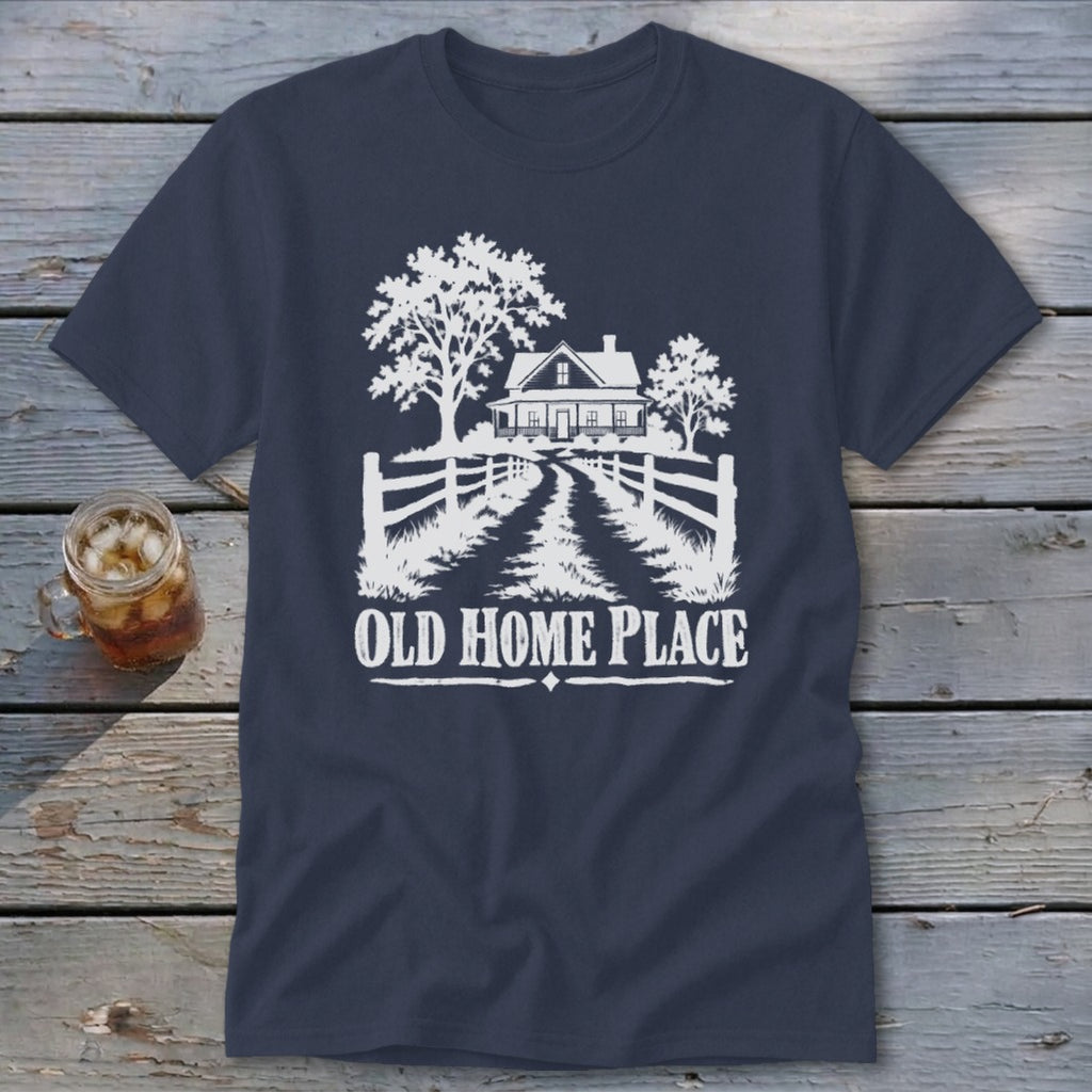 Navy t-shirt with white graphic of a house and "OLD HOME PLACE" text.