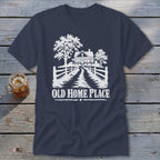 Navy t-shirt with white graphic of a house and "OLD HOME PLACE" text.