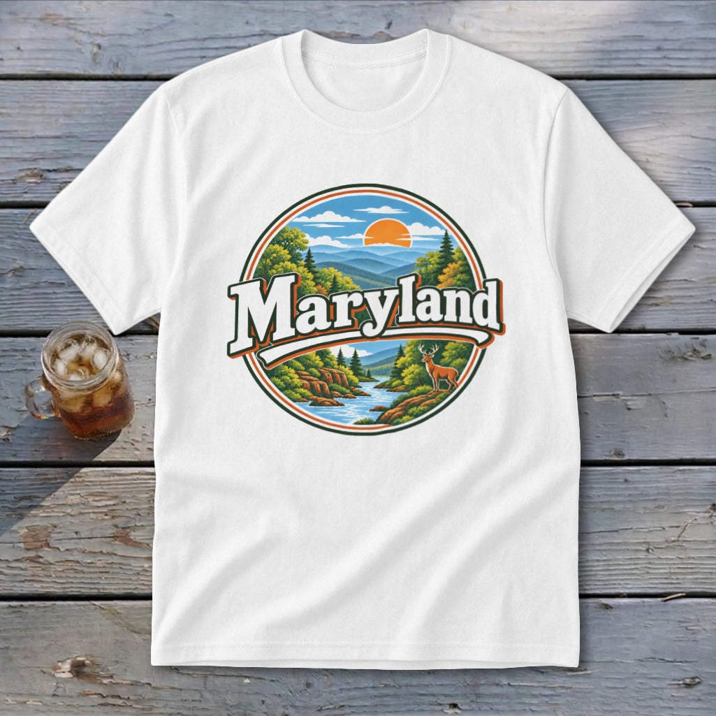 White t-shirt with a circular graphic depicting Maryland landscape and text.