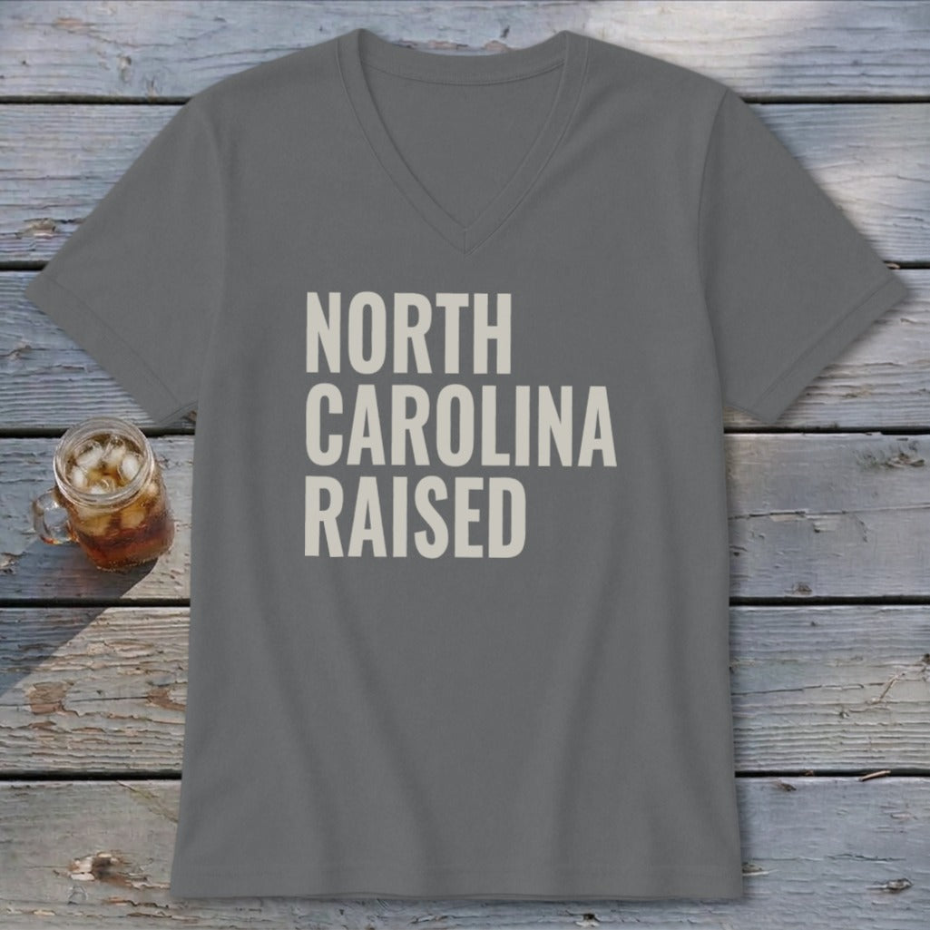 Gray t-shirt with "NORTH CAROLINA RAISED" text and a glass of iced tea.