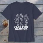 White outline of three people dancing with text "FLAT-FOOT DANCING".