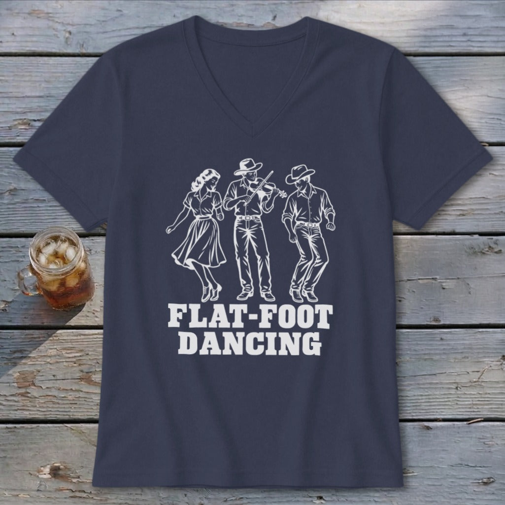 White outline of three people dancing with text "FLAT-FOOT DANCING".