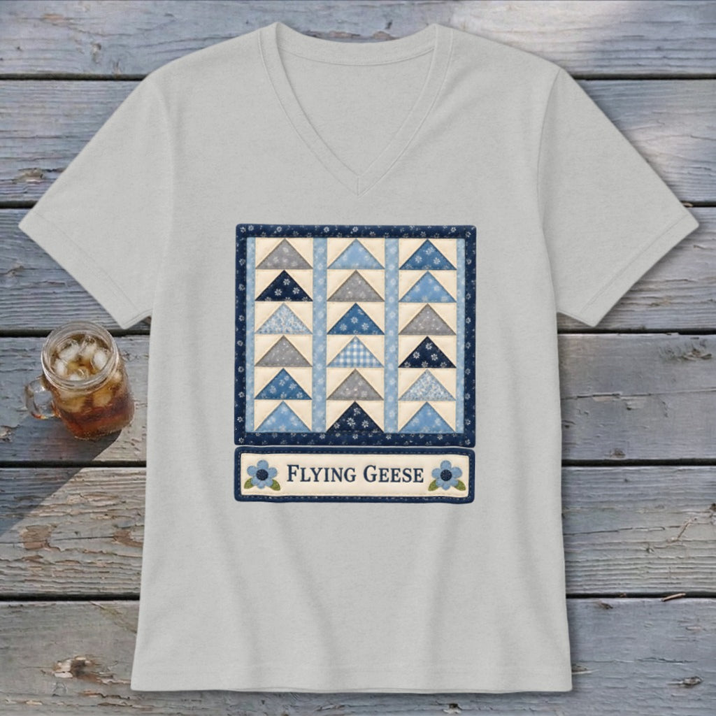 Light grey v-neck t-shirt with a "Flying Geese" quilt block design and text.