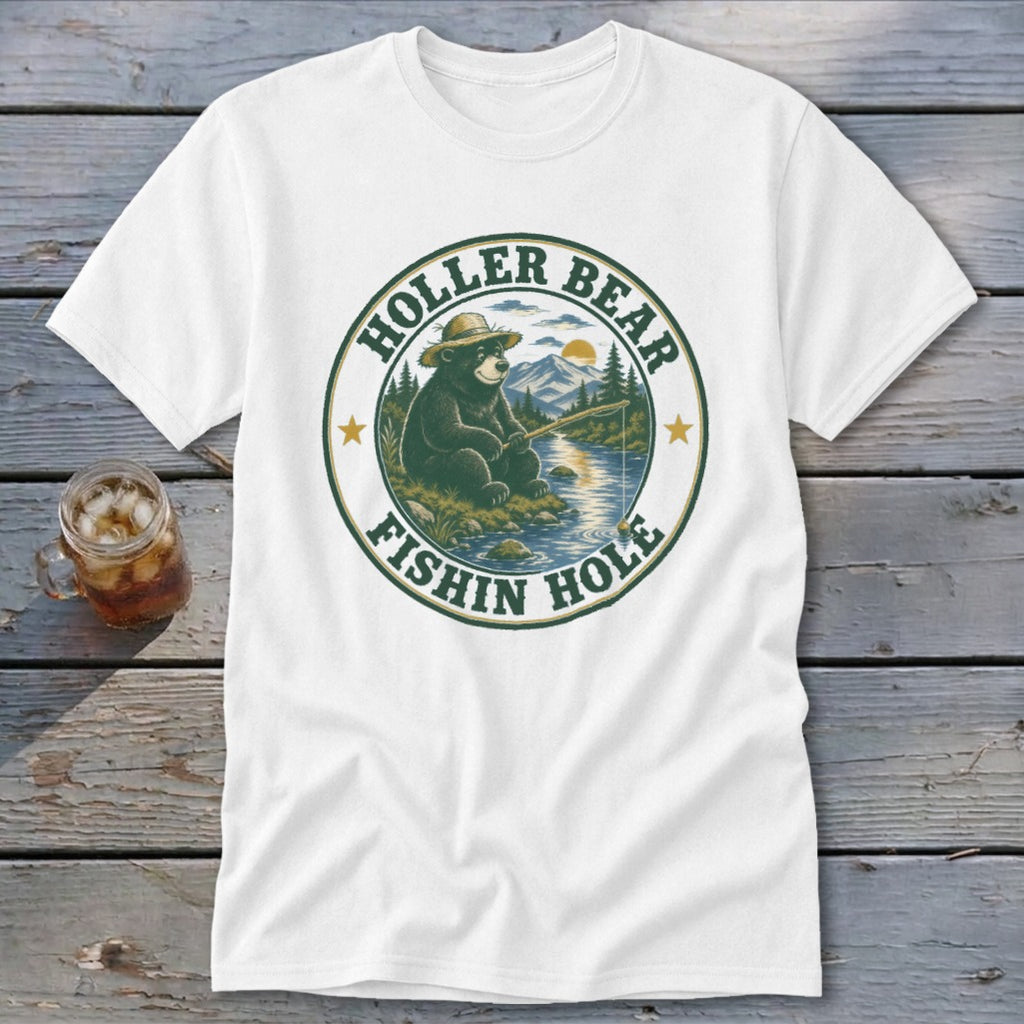 White t-shirt with "Holler Bear Fishin Hole" circular logo featuring a bear fishing.