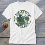 White t-shirt with "Holler Bear Fishin Hole" circular logo featuring a bear fishing.