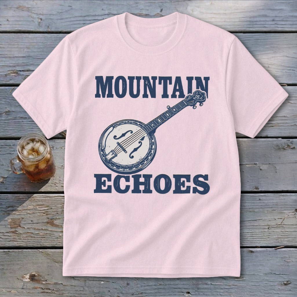 Light pink t-shirt featuring a blue graphic of a banjo and the text Mountain Echoes.