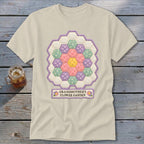 Cream t-shirt with a hexagonal patchwork flower design and text "GRANDMOTHER'S FLOWER GARDEN".