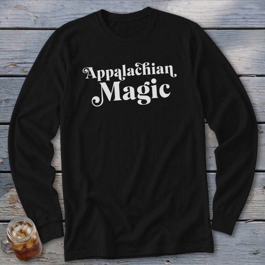 Black long-sleeve shirt with "Appalachian Magic" in white cursive text.