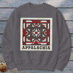 Charcoal grey crewneck sweatshirt featuring a geometric quilt block graphic and the text APPALACHIA.