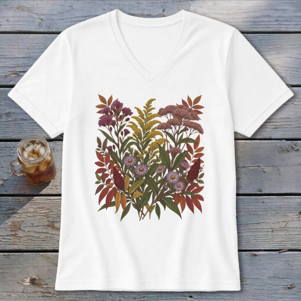 White v-neck t-shirt with a colorful floral arrangement print.