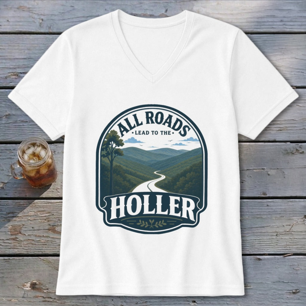 White v-neck t-shirt with "All Roads Lead To The Holler" graphic and scenic mountain road.