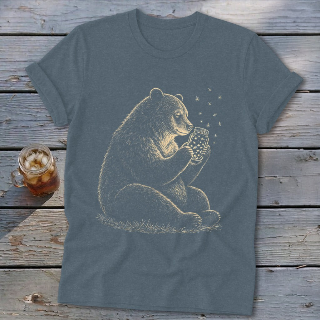 Bear sitting and holding a jar filled with stars, with smaller stars floating above.