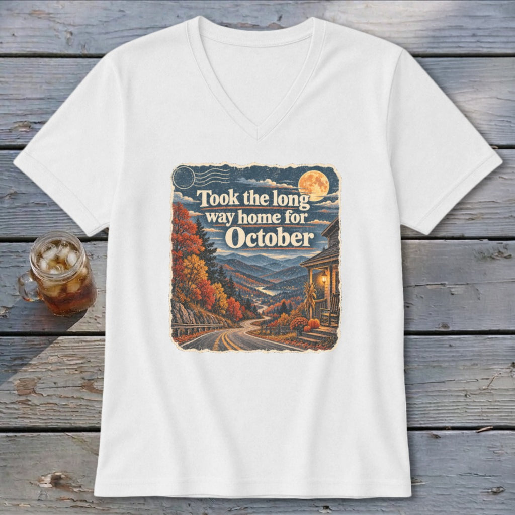 White v-neck t-shirt with "Took the long way home for October" graphic.