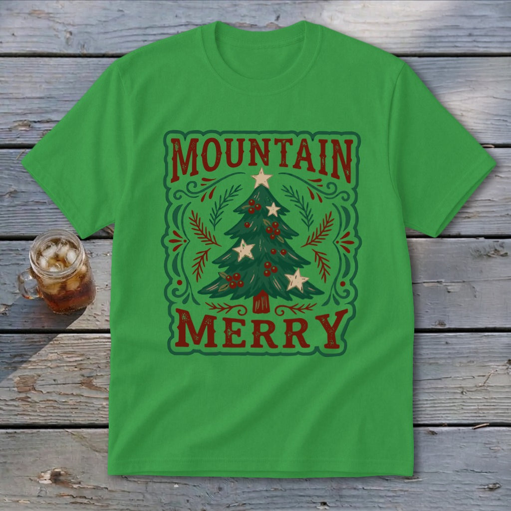 A bright green short-sleeve t-shirt featuring a retro Christmas tree graphic and the text Mountain Merry.