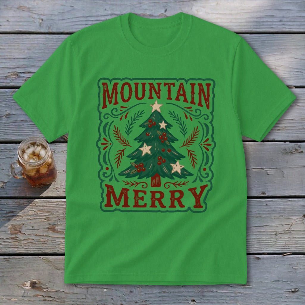 A bright green short-sleeve t-shirt featuring a retro Christmas tree graphic and the text Mountain Merry.