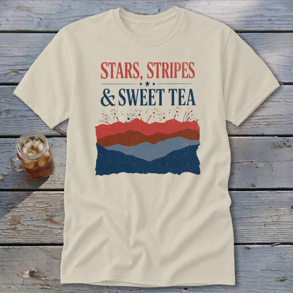 Cream t-shirt featuring a red, white, and blue patriotic graphic with text reading Stars, Stripes & Sweet Tea.