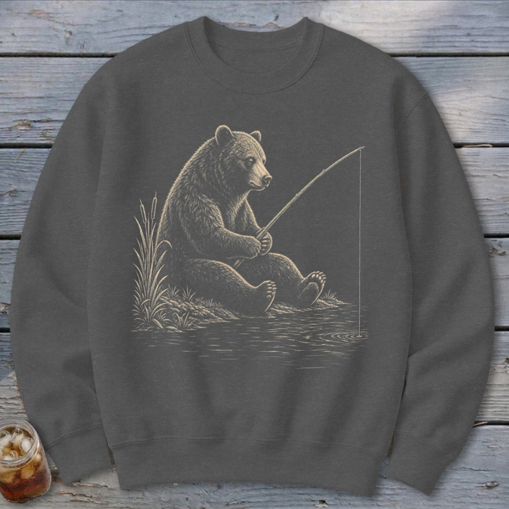 Bear sitting and fishing by the water's edge, detailed illustration.