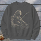 Bear sitting and fishing by the water's edge, detailed illustration.