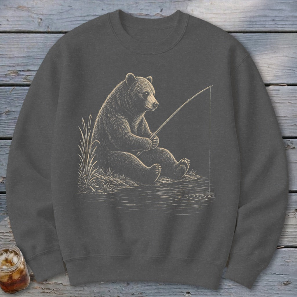 Bear sitting and fishing by the water's edge, detailed illustration.