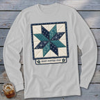 Long-sleeved white shirt featuring an "Eight-Pointed Star" quilt block graphic.